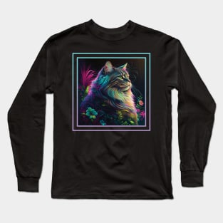 Majestic Maine Coon Cat Vibrant Tropical Flower Digital Oil Painting Pet Portrait Long Sleeve T-Shirt